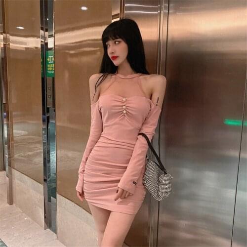 New Fashion Long-Sleeved Off-Shoulder Round Thin And Sexy Womens Short Dress With Hanging Neck Temperament 2020