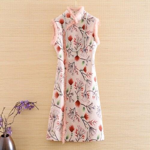 Autumn Winter Retro Women Sleeveless Cheongsam Dress Vintage Embroidery Chinese Style Elegant Lady Slim Wool Qipao Dress M- XXXL