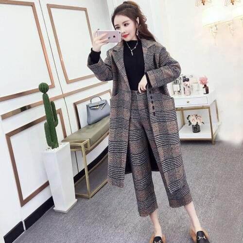 Autumn and winter new female Korean fashion temperament long woolen coat seven points wide leg pants two-piece suit