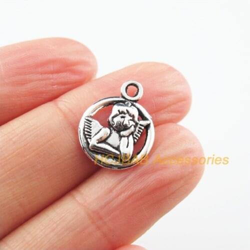 30Pcs New Angel Wings Charms Tibetan Silver Color Round Pendants 13x17mm