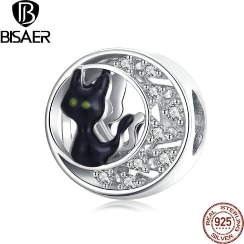 BISAER Halloween Black Cat Charms 925 Sterling Silver Halloween Beads Pendant For Bracelets Necklace 2020 Jewelry EFC325