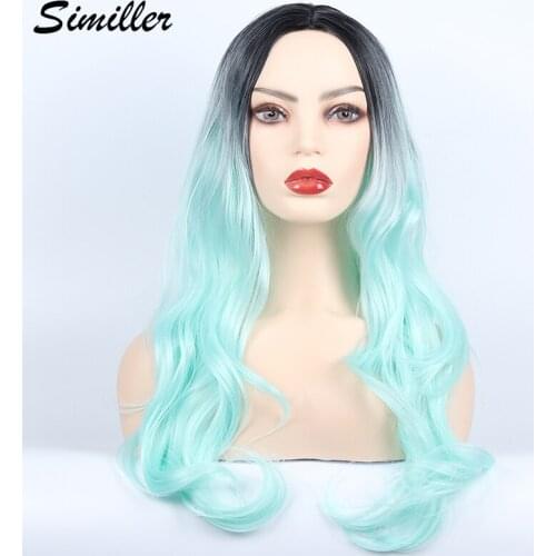 Similler Synthetic Long Wavy Green Pink Wigs for African American Women Heat Resistance Fiber Ombre Cosplay Wig Middle Part