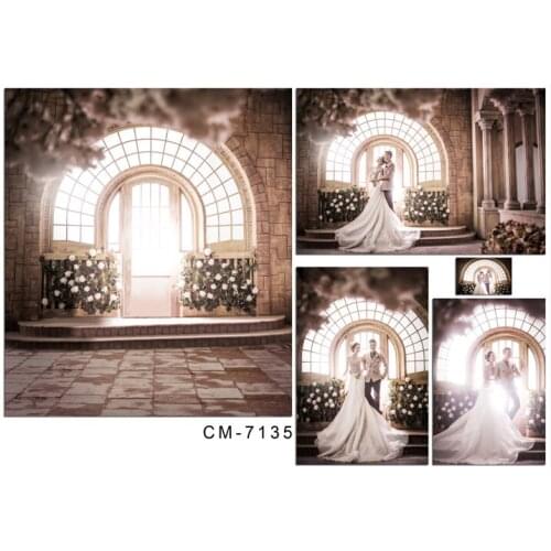 TR 8x8ft Romantic Wedding Photography Backdrops Bright Round Window Door Flowers Brick Wall Floor Backgrounds for Photo Studio