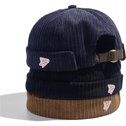 Corduroy Brimless Docker Leon Cap Adjustable Street Casual Sailor Skullcap Beanie Hat No Brim Rolled Cuff Retro Trucker Worker