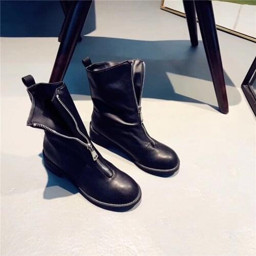 Zipper Front Knight Style Women Fashion Ankle Boots Round Toe Female Square Med Heel Martin Boots Black Leather Vintage Boots
