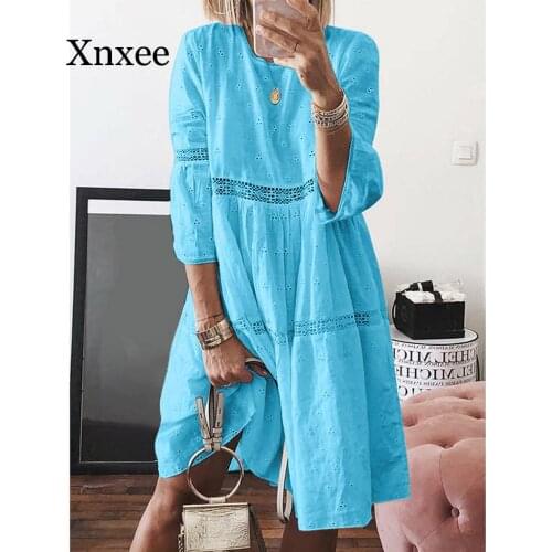 Women Boho Solid Crew Neck Dresses Hollow Out Splice Mid-Long Dresses summer beach plus size dress white vintage baby blue