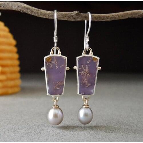 Vintage Pearl Drop Earrings For Women Ancient Silver Color Long Pendant Dangle Earring Purple Ear Jewelry Exquisite Gifts