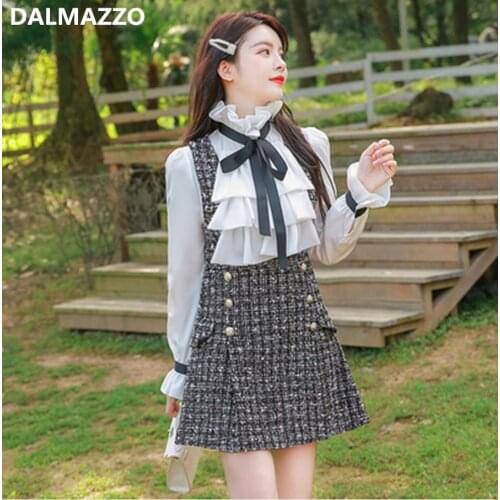 Fashion Women 2 Piece Sets Clothes Conjunto Mujer 2021 Newest Designer Bow Ruffles Shirt Tops + Tweed Wool Vest Mini Dress Suits