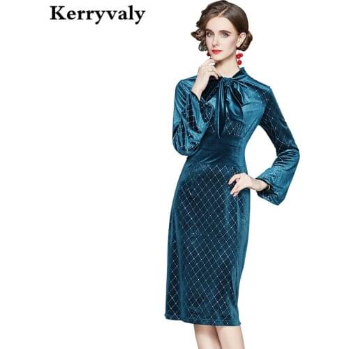 New Temperament Slim Long Sleeves Blue Velvet Dress Women Fall Midi Vintage Dress Vestido Branco Ropa De Mujer K3658