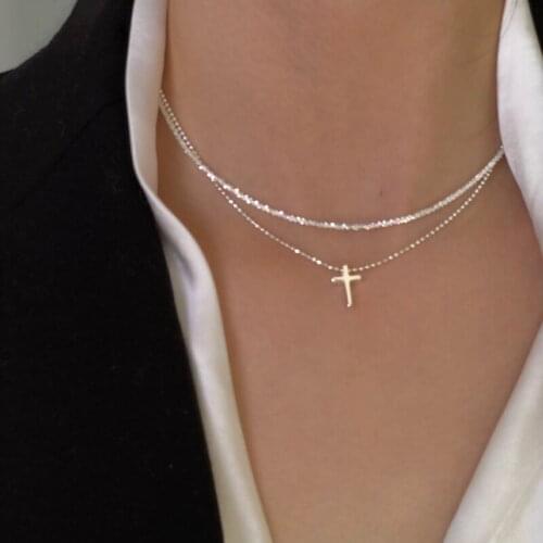 VENTFILLE 925 Sterling Silver Geometric Cross Necklaces Female Light Luxury Niche Simple Bare Chain All-match Necklaces 2021 New
