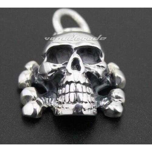 925 Sterling Silver Skull Cross Bone Solid Mens Biker Pendant 8C010(Necklace 26inch)