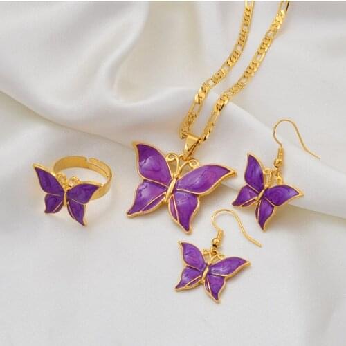 Anniyo Purple Butterfly Jewelry Sets Pendant Chain Neckalces Earrings Ring for Women Girls African Party Gifts