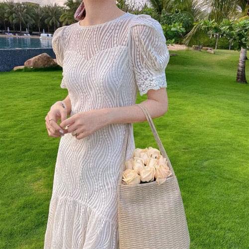 White Elegant Fairy Dress Women Lace Vintage Design Korean Long Dress Casual Print Striped Party Bandage Dress Women 2021 Summer