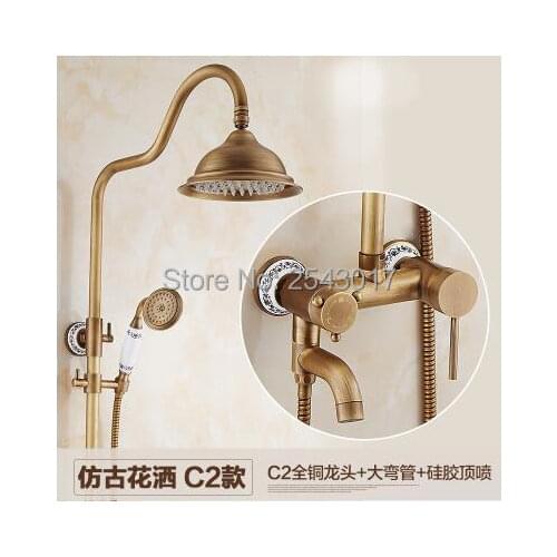 Free Shipping Bathroom Shower Set Antique Brass Finish Wall Shower Faucet with Ceramic Hand Shower&Tub Mixer Tup ZR13