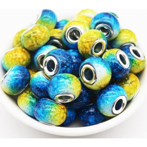 10Pcs Bulk 16mm Big Hole Round Marble Color Murano Glass Beads Fit Original European Charm Bracelet for Jewelry Making Necklaces
