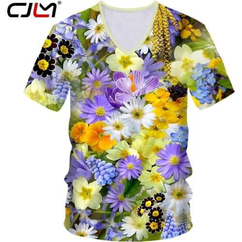 CJLM T Shirts Men Deep V-neck Short Sleeve 3D Printing Flowers beautiful Colorful hat Funny Plus Size 5XL 6XL Tops Tees Spring