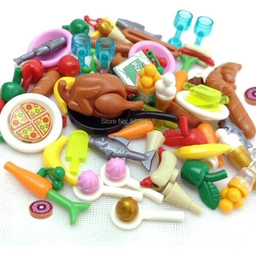 City Accessories Foods Building Blocks Dinner Party Hot Dog Pizza Turkey Cream Fruit Bricks Toys Accessories Parts for Children