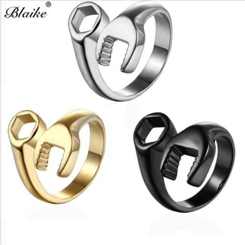Blaike Punk Black/Silver/Gold Color Stainless Steel Wrench Biker Rings For Men Party Bands Mens Ring Jewelry Gifts Size 7-12