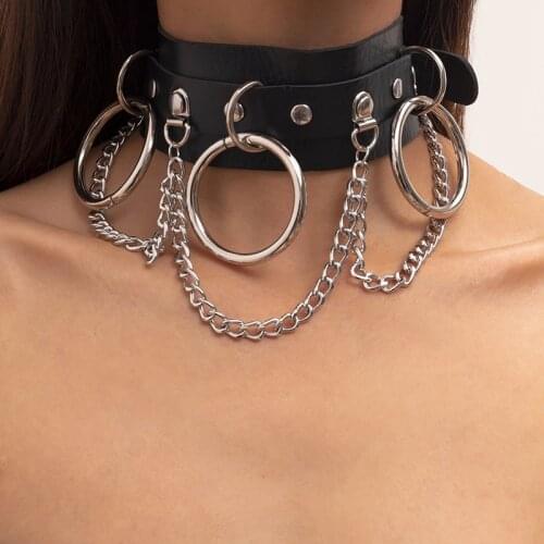 Dark JK Rococo Style Sexy Spice Girls Round Ring Chain PU Choker Hyperbole Short Choker Punk Necklace Disco Party Accessories