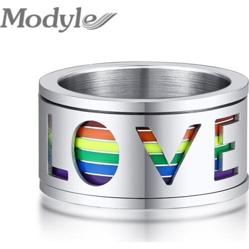 Modyle Chunky 11mm Spinner Men Ring Enamel Rainbow Lines Finger Band Rotatable Hollow Stainless Steel LOVE LGBTQ Jewelry