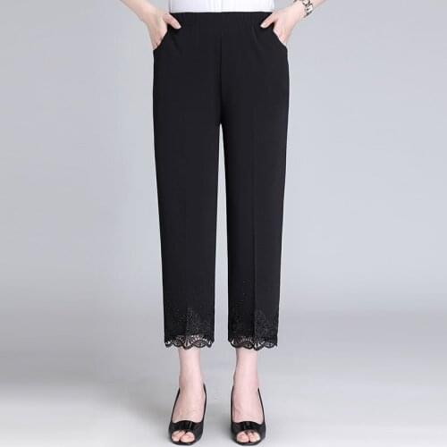 Mom Summer Pants Womens Thin Lace Patchwork Straight Pants Middle-aged Women High Waist Casual Calf-Length Pants