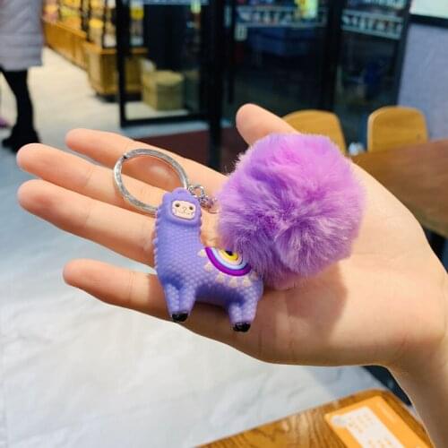 Cute Silicone Little Alpaca Fluffy Pompon Fur Ball Car Keychain Fake Fur Key Chain Women Trinket Car Bag Key Ring Jewelry Gift