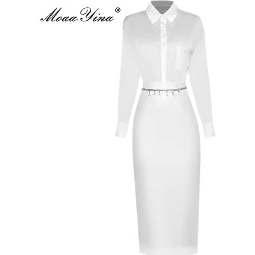 MoaaYina Fashion Runway Autumn White Skirts Suit Womens Turn-down Collar Single-breasted Shirts＋Slim Midi Skirts 2 Pieces Set