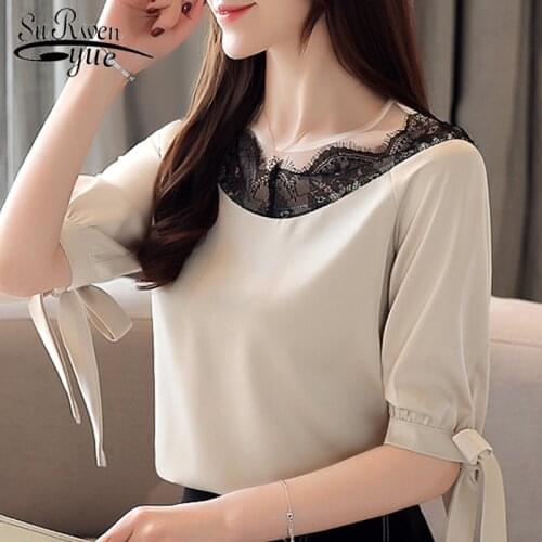Blusas mujer de moda 2021 womens blouse solid lace chiffon blouse women top short sleeve women shirts camisas mujer 4779 50