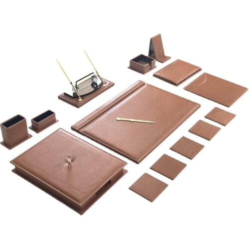 Office Desk Pad Set Tan Color Modern Design Nameplate, Phone Holder, Document Organizer, Coasters, Ballpoint & Fountain Pen