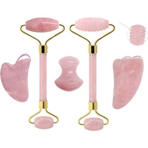 Natural Rose Quartz Jade Roller Face Massager Real Jade Gouache Scraper Facial Massager Jade Facial Roller Set Guasha Board