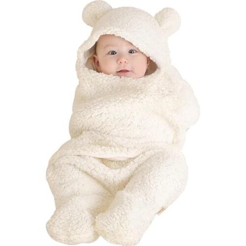 Newborn Lamb Wool Sleeping Bag Cute Bear Winter Warm Swaddling For Baby Infant Outdoor Envelope Blanket Wrap For 0-6 Months