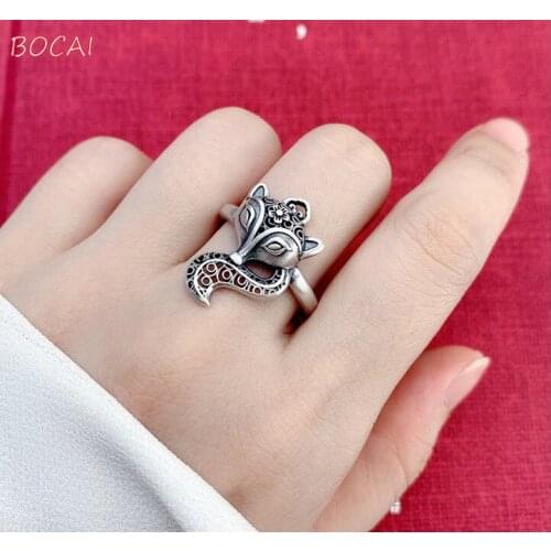 New 999 pure silver retro hollow fox ring opening matte Thai silver female classic peach blossom sterling silver jewelry