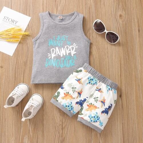 Pudcoco Newborn Baby Clothes Sleeveless Letter Print Vest Tops Cartoon Dinosaur Print Short Pants 2Pcs Outfits Cotton Casual Set