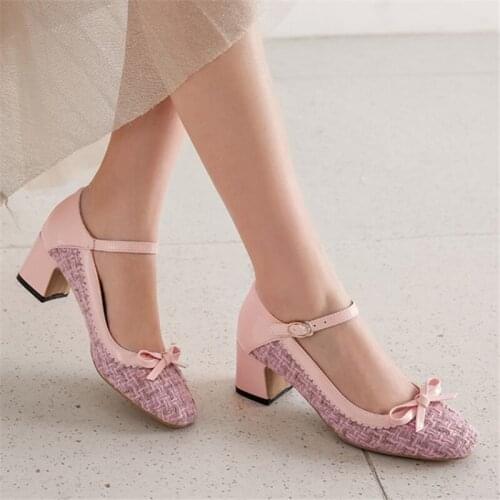 PXELENA Butterfly-knot Plaid Ladies Mary Janes Shoes Sweet Chunky High Heels Square Toe Women Dress Party Wedding Pumps Pink Red