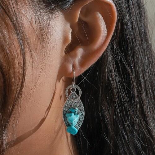 Dangly Earrings with Turquoise Native American Design Blue Turquoise Statement Earrings Stone Style Summer Boho JK30G