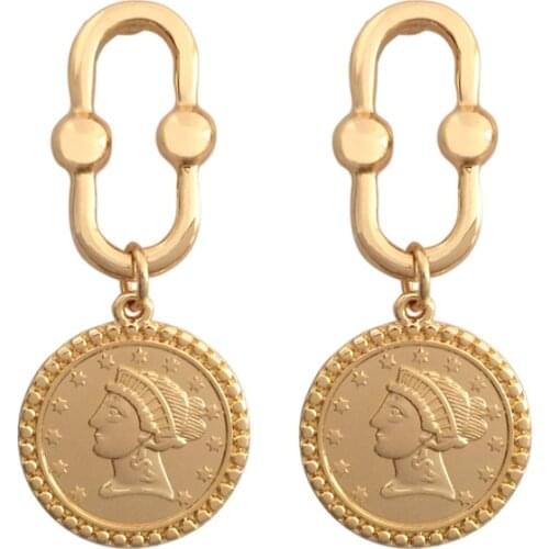 Gorgeous Gold Color Plating Face Engraved Coin with Ball Side Square Drop Earrings For Women Girl Elegant Jewelry Accessory