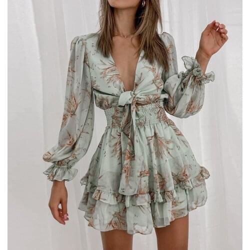 V Neck Chiffon Print Dress Fashion Casual Sexy Long Sleeve Ruffle Mini Dresses 2021 Summer Elegant A Line Lace Up Dress Women
