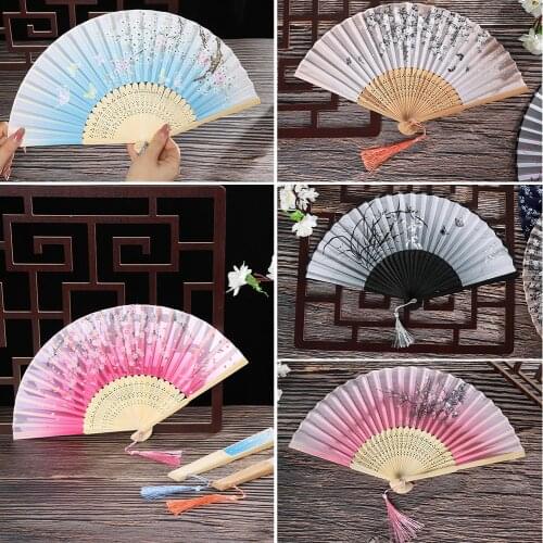 Silk Bamboo Folding Fan Chinese Style Painting Flower Pattern Handheld Fan Dance Performance Props Desktop Ornaments Home Decor