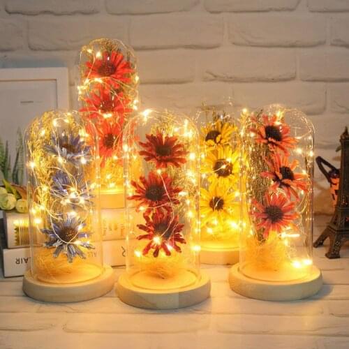 Dried Sunflower LED Light String In Glass Dome On Wooden Base Romantic Gift For Women Valentines Day Wedding Party Decor