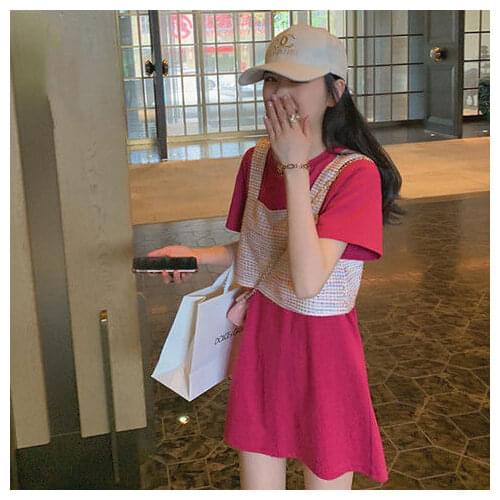 100% Cotton Short-sleeved T-shirt Women 2020 Summer New Style Korean Loose Round Neck Mid-length Blouse + Vest Two-piece