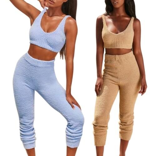 2 Set Women Sleeveless Fleece Crop Tops Short Pant 2 Pieces Set Plush Homewear Tracksuit M, Khaki & Blue