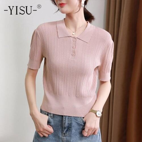 YISU New Summer Casual Women Sweater Solid color Lapel Summer tops 2021 Jumper Female Short sleeve Knitted pullover Thin section