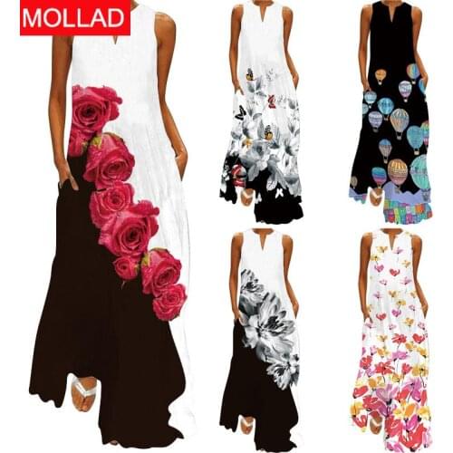 2021 New Summer Womens Clothes Sleeveless Long Dress V-neck Printed Emerald Dress Foreign Trade Womens Clothing