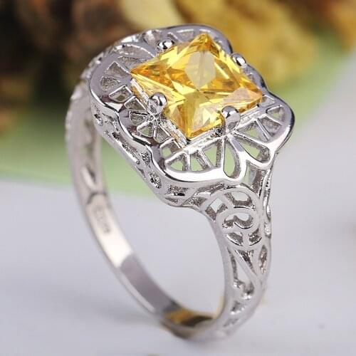 Flower Design Women Fashion Jewelry AAA yellow Zircon Cz solid Silver Color Engagement Wedding Band Ring Sz 6-10
