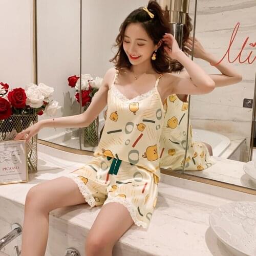 2021 Summer Sexy Lingerie Spaghetti Strap Shorts Pajama Sets for Women Silk Satin Sleepwear Pyjama Homewear Pijama Mujer Clothes