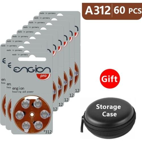 Hearing Aid Batteries Size 312 za Engion Pro,Pack of 60,Brown Tab PR41 1.45V Type e312 Zinc Air Battery Amplifier with Case