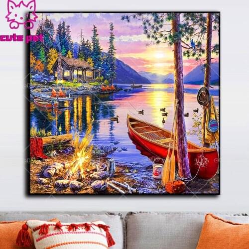 5D Diamond Painting Full Square Drill Rhinestones Pictures Diamond Embroidery Sale Lakeside Cabin Cross Stitch Mosaic Gift Decor