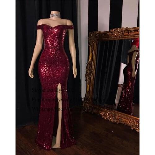 Chic Burgundy Sequin Mermaid Prom Dresses 2020 African Black Girls Women Evening Party Gowns With Sexy Split Formal Gala Dress