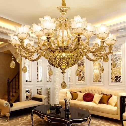 New European style living room crystal chandelier zinc alloy bedroom lamp gold hollow LED restaurant lighting