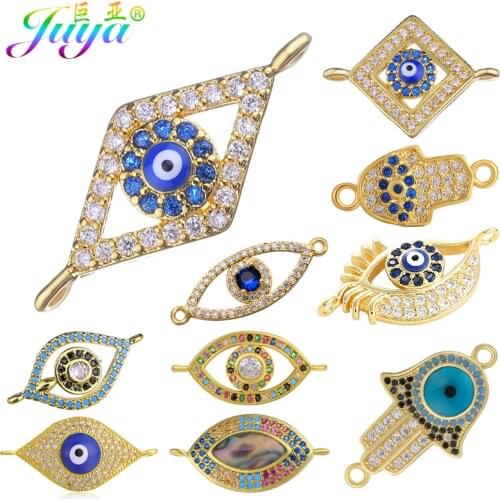 Juya DIY Turkish Bracelets Earrings Making Accessories Micro Pave Zircon Enamel Greek Evil Eye Charm Connectors Supplies